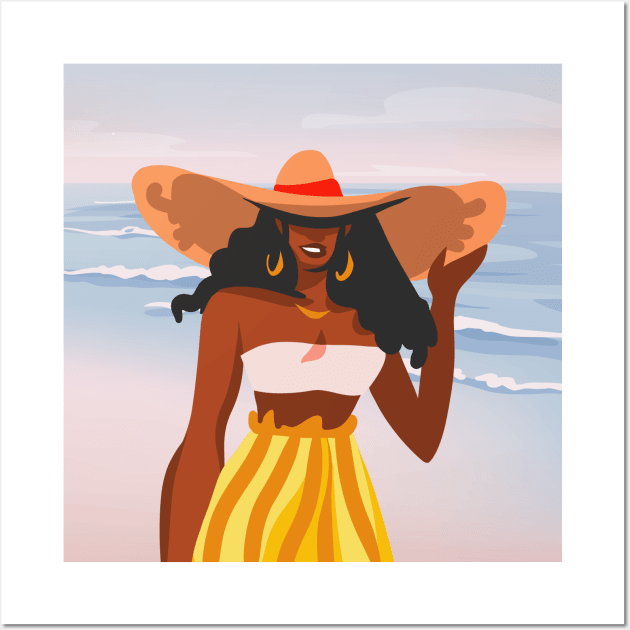 Hand drawn young happy black afro beauty female portrait in swimsuit and hat, beach scene background Wall Art by Modern Art